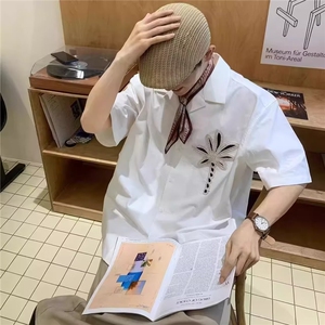新中式风水墨竹子印花 结构拼接衬衣短袖图片