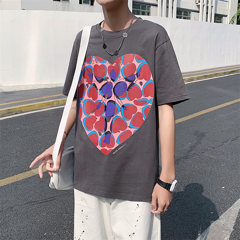港风短袖T恤男韩版大码宽松爱心印花中袖情侣体恤T125P35控49,男装T恤,电商A089-1