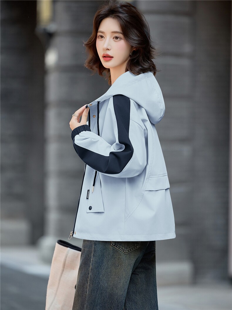 2025秋装新款休闲连帽拼色风衣外套,女装短外套,依路服饰