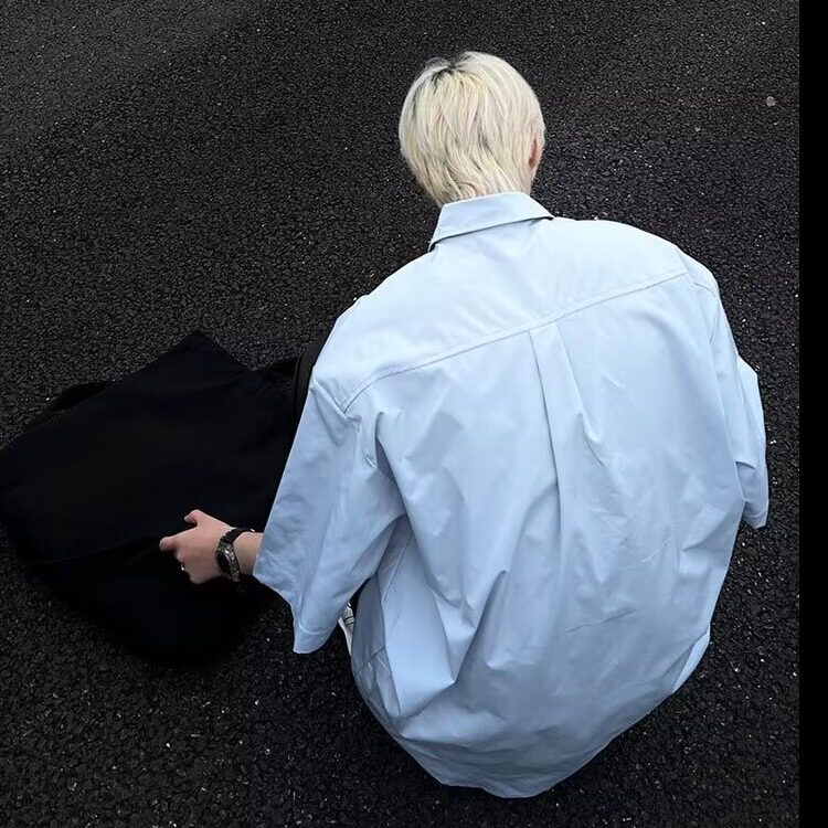 拉链垫肩衬衫男短袖高街夏季浅蓝工装衬衣设计感五分袖CY796-P38,男装衬衫,星座412-2