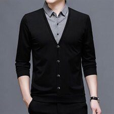 针织衫2023春秋季新款男假两件纯棉翻领百搭休闲打底衫男休闲上衣