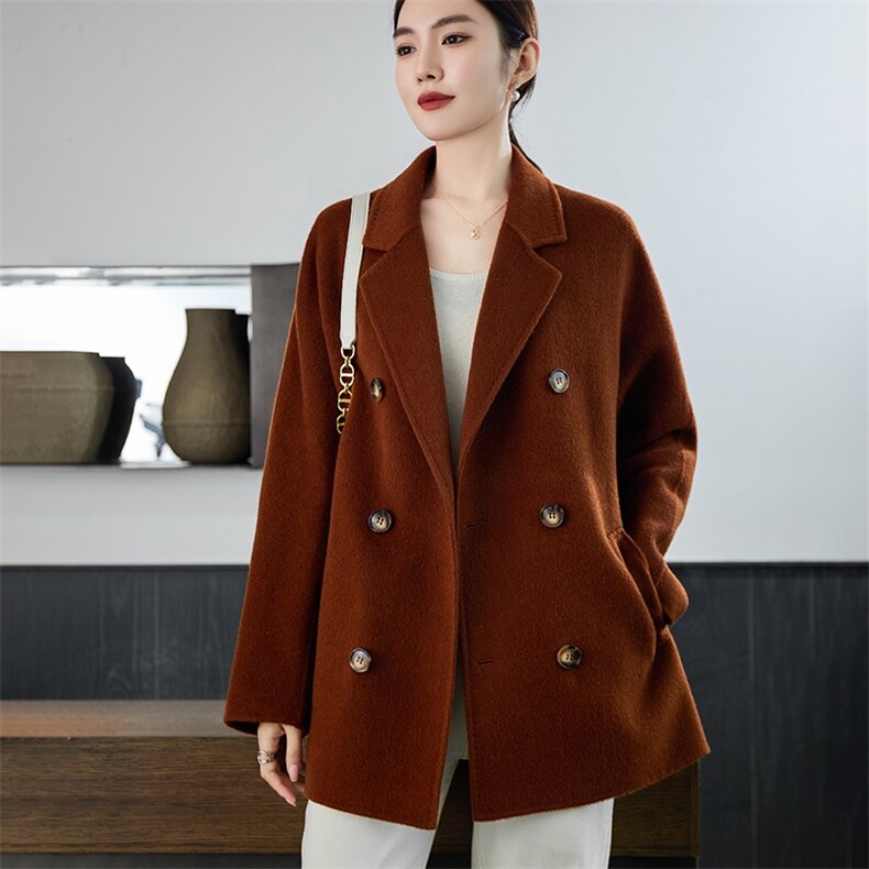秋冬新款短款801小个子休闲西装领羊毛呢大衣外套，女装双面呢大衣，爱绒人羊绒大衣工厂店