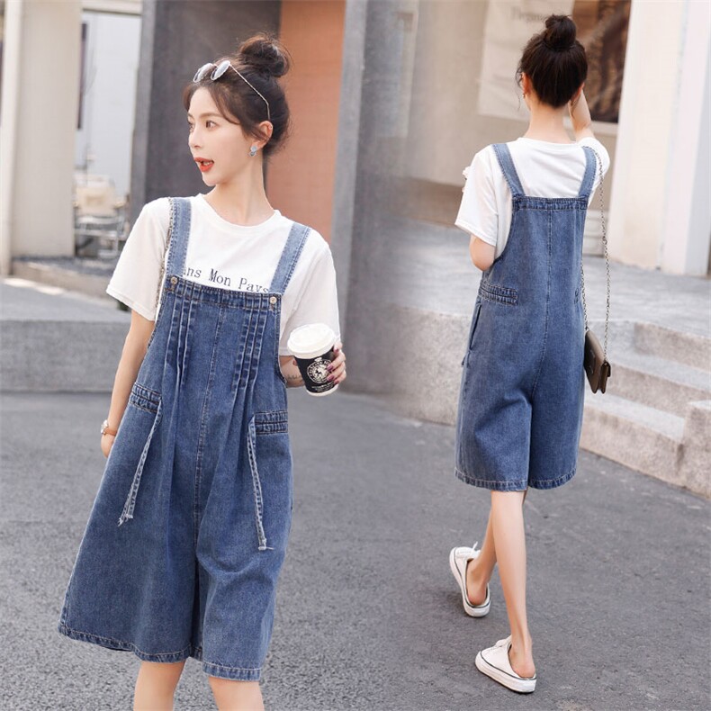 时尚宽松牛仔背带裤女夏季新款显瘦百搭休闲短裤连体裤学生装，女装连体裤，秋水欣儿