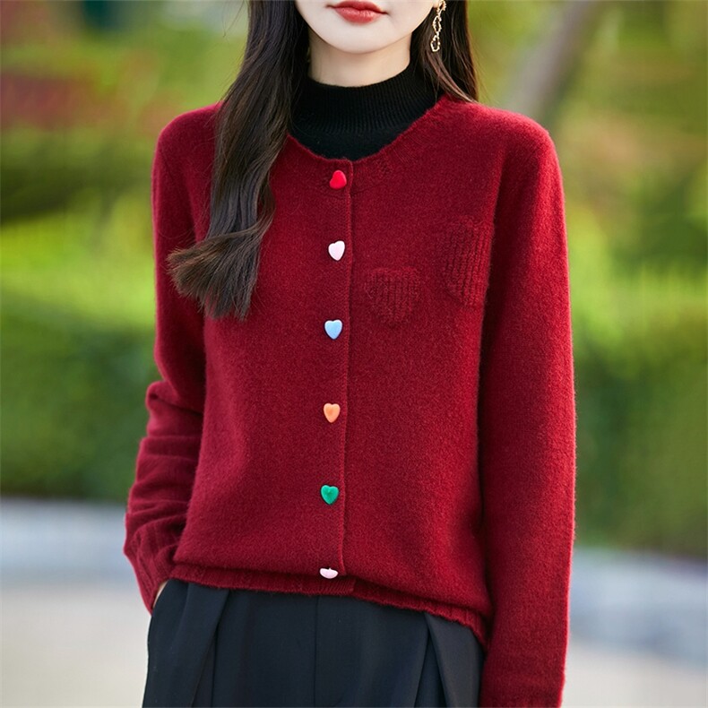 2025春秋半开V领精纺羊毛衫针织毛衣女彩扣长袖毛衣宽松休闲外套,女装羊毛衫,暖烁羊绒