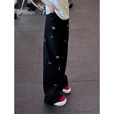 黑色线条小狗刺绣弯刀牛仔裤男款美式高街vibe裤子直筒显瘦微喇裤，男装牛仔裤，星座610A