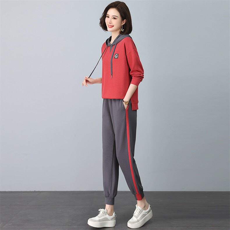 2024春秋季新款时尚休闲气质个性减龄休闲撞色连帽套装,女装套装/套裙,独衣靓