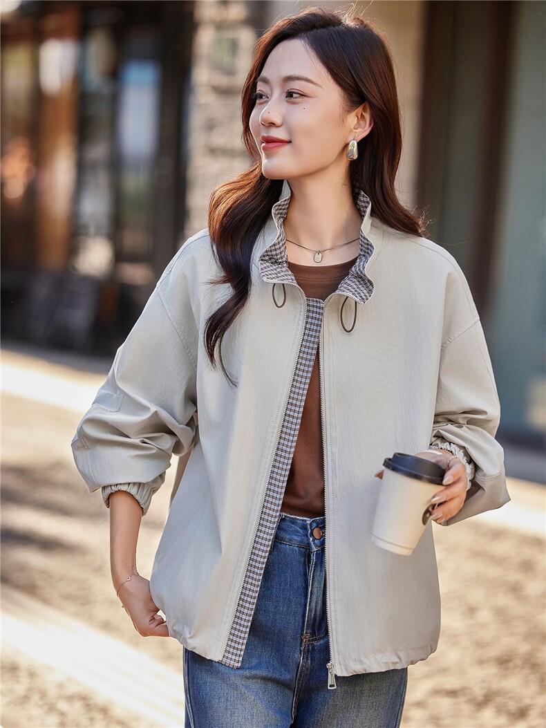 抽绳立领短款外套女2025秋新款宽松休闲穿搭格里韩版工装夹克风衣,女装短外套,靓衣阁
