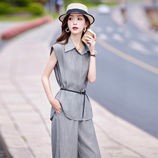 老钱风灰色时尚套装女2025夏季新款时尚通勤翻领衬衫阔腿裤两件套，女装套装/套裙，靓衣阁