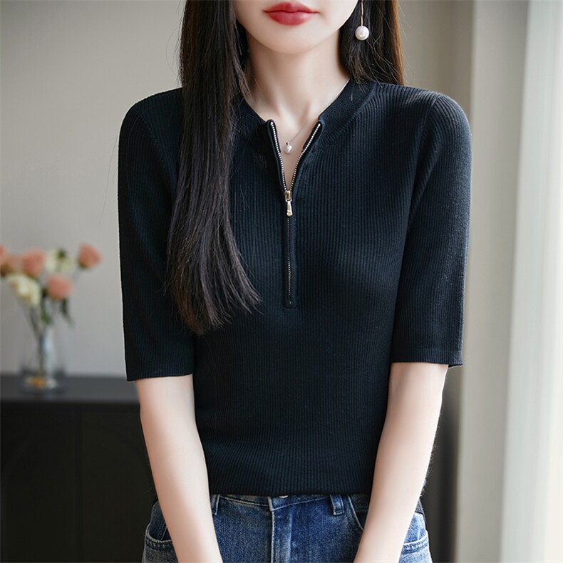 夏季时尚显瘦百搭女士半拉链圆领短袖，女装T恤，邦太羊绒