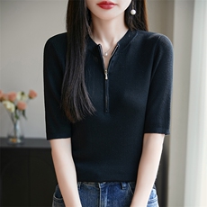 夏季时尚显瘦百搭女士半拉链圆领短袖，女装T恤，邦太羊绒