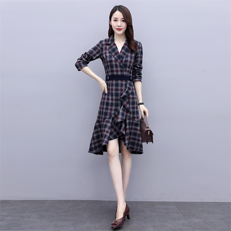 时尚格子木耳边鱼尾连衣裙春季新款修身显瘦长袖裙装,女装连衣裙,岚衣(原川流布茜）