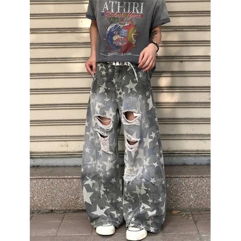 星星印花破洞牛仔裤男女夏季高腰宽松显瘦直筒拖地阔腿裤NZ7026,男装牛仔裤,星座1116A（原606A-3）