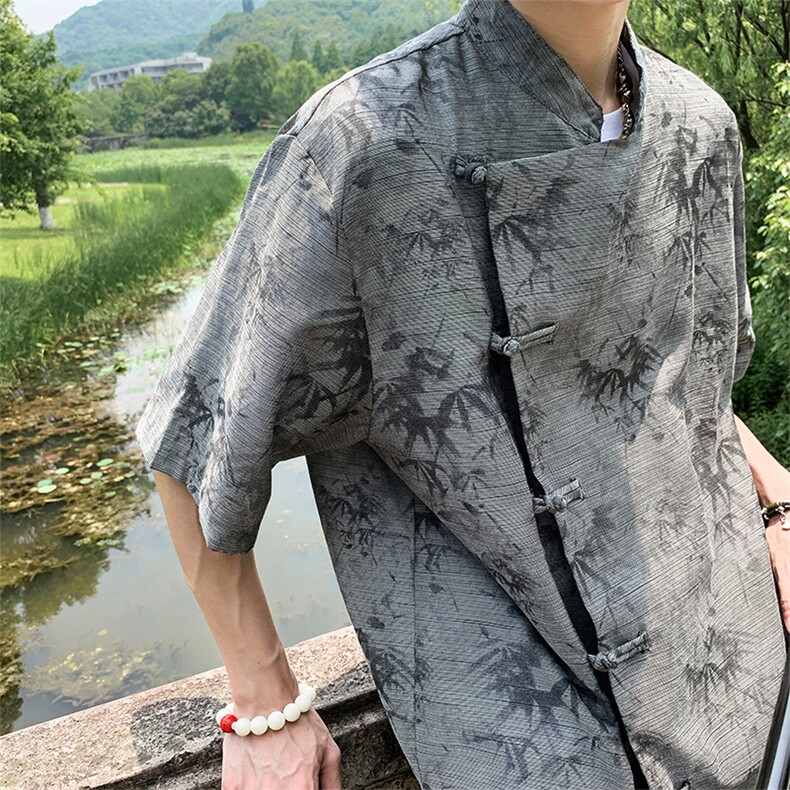 真棉麻现货新中式 风新款24夏季竹叶提花短袖上衣CS35-P65图片