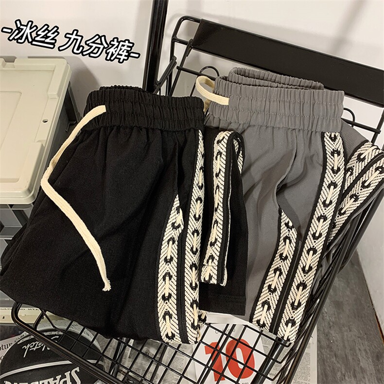 XZ213-DK03-P45控58港风大码质感织带系带休闲冰丝九分裤,男装休闲裤,星座213