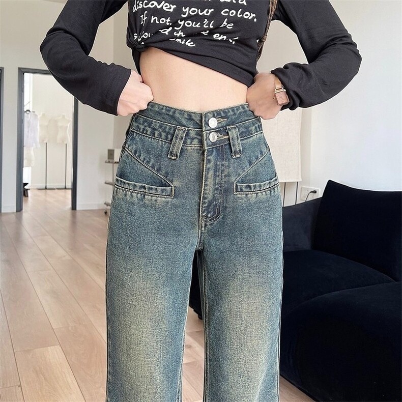 设计感窄版微喇牛仔裤女高腰百搭显瘦宽松小个子垂感2025早秋新款,男装牛仔裤,星座1210-1