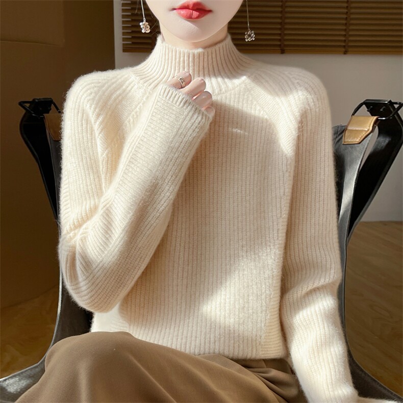 半高领加厚元宝针插肩100%纯羊绒衫女长袖软糯保暖针织打底上衣图片