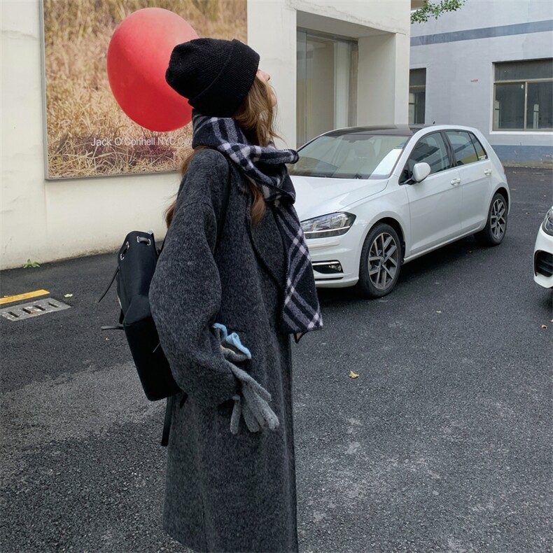 现货新款韩范中长款过膝双面羊绒大衣黑灰色高端毛呢外套女装，女装毛呢外套，韩然一族