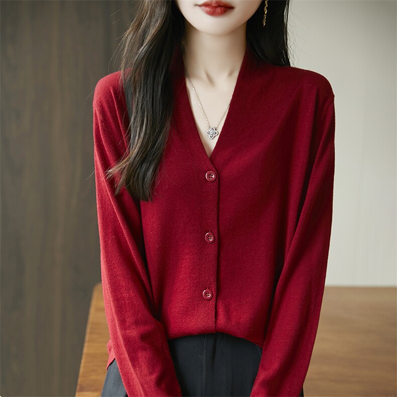 早春女装羊毛针织衫女外套长袖慵懒风休闲洋气红色2025新春季上衣,女装羊毛衫,丹芙娇羊绒
