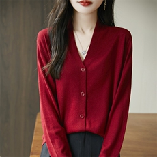 早春女装羊毛针织衫女外套长袖慵懒风休闲洋气红色2025新春季上衣，女装羊毛衫，丹芙娇羊绒