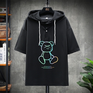 LD54139-P45 连帽短袖t恤男大码胖子带帽五分袖中袖 展架图片