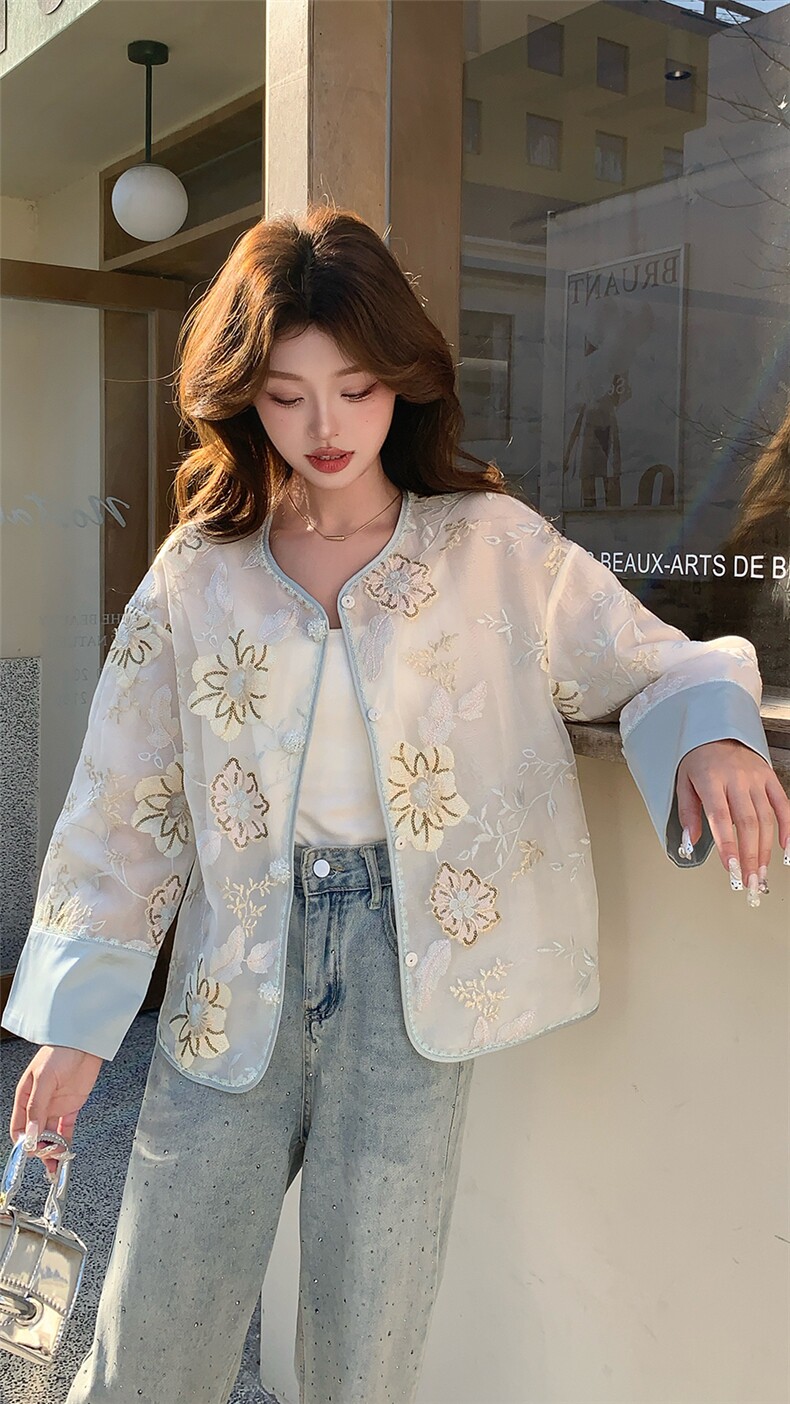 新中式提花刺绣欧根纱防晒外套女2025春夏新款高端洋气设计感开衫,女装短外套,浙宝208A