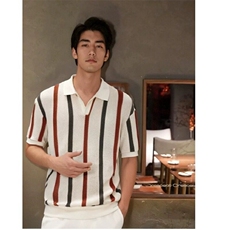 夏季条纹撞色翻领短袖t恤男士潮牌个性时尚休闲针织polo衫上衣服，男装T恤，星座506A