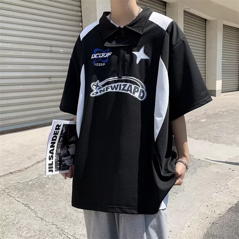 美式polo衫男女短袖夏季新款宽松体恤半拉链翻领潮牌T恤PA13-P32,男装Polo衫,星座1008