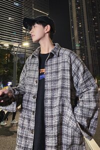 秋冬款格子大口袋毛呢外套男士宽松呢料夹克韩版外套 2506- 特P68图片