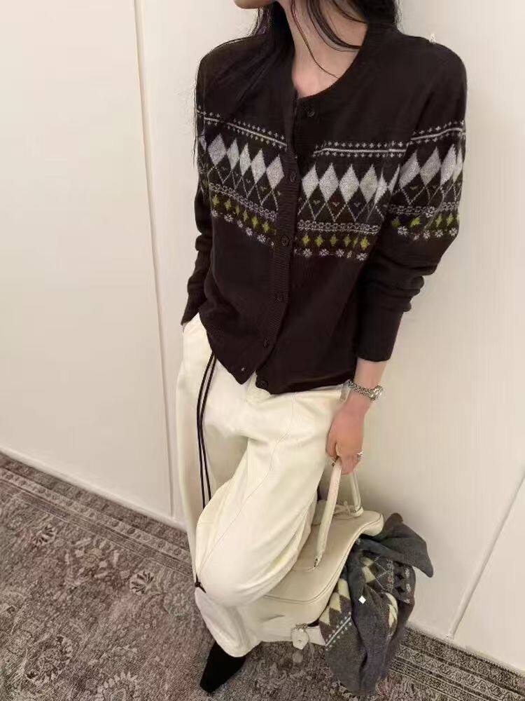 2025年秋季时尚百搭通勤简约休闲圆领开衫，女装针织衫/毛衣，锦瑟羊绒