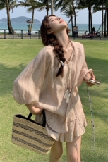 波西米亚度假风时尚蕾丝防晒衫套装女2025夏季新款宽松短裙两件套，女装套装/套裙，2D044