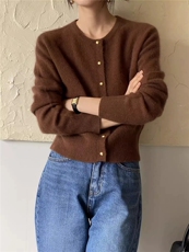 时尚圆领金扣100针织开衫女上衣春秋韩版短款毛衣羊毛外套，女装羊毛衫，圣旺供货