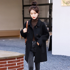时尚显瘦黑色毛呢大衣女中长款双排扣宽松外套冬季新款女装，女装毛呢外套，秋水欣儿