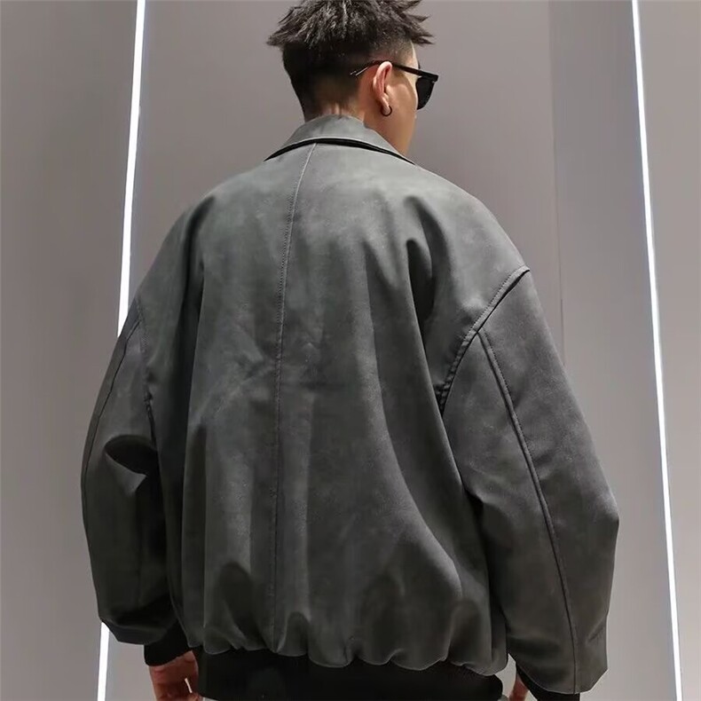 J30-P67复古水洗做旧PU皮夹克男款秋冬cleanfit高级感垫肩立领,男装夹克,电商B323A