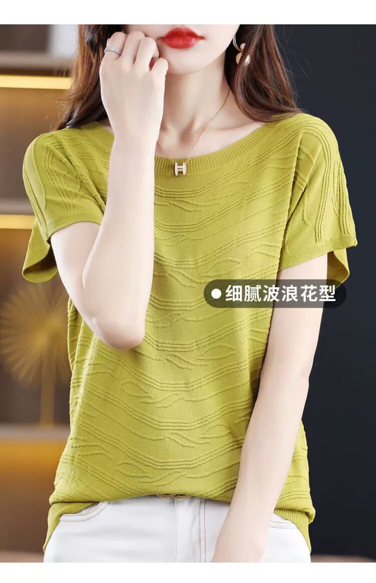 曲珠纹理短袖针织衫,针织衫/毛衣,林达羊绒