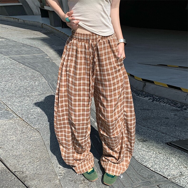 美式复古黑色弯刀格子裤女春夏宽松慵懒风垂坠感阔腿休闲裤图片