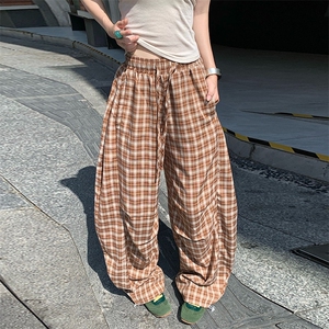 美式复古黑色弯刀格子裤女春夏宽松慵懒风垂坠感阔腿休闲裤图片