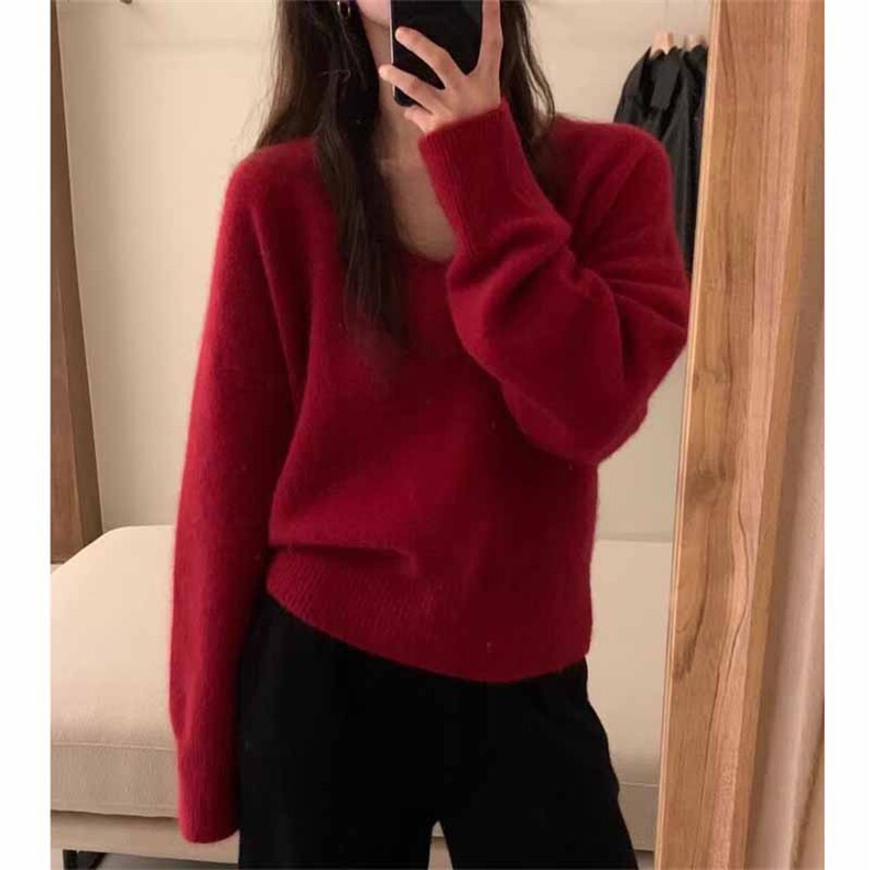 秋冬新款宽松针织v领套头上衣时尚百搭,女装羊绒衫,鹿一羊绒