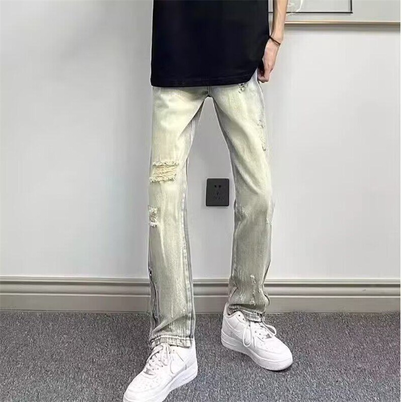 破洞牛仔裤男款夏季高街侧开拉链水洗做旧修身潮牌直筒裤,男装牛仔裤,星座506A