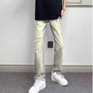 破洞牛仔裤男款夏季高街侧开拉链水洗做旧修身潮牌直筒裤图片