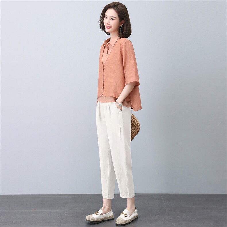 时尚休闲棉麻套装女2025夏季新款中年妈妈苎麻衬衫减龄亚麻两件套,女装套装/套裙,忆绮罗