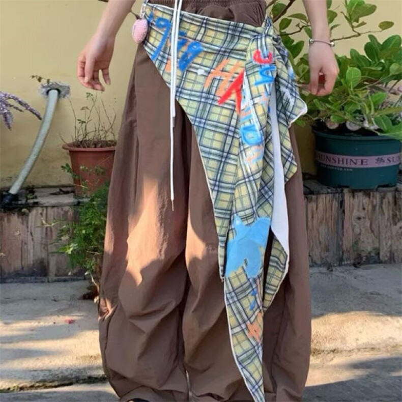 美式复古辣妹宽松高腰屁帘拼接工装裤女夏季宽松阔腿伞兵拖地长裤图片