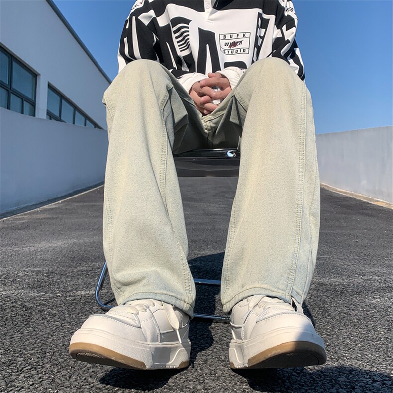 美式高街牛仔裤男女黄泥染做旧微喇裤子潮牌直筒长裤BN8158-P45,男装牛仔裤,星座1008-1