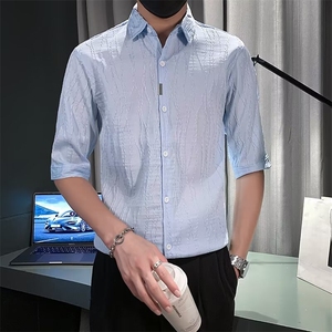 高级感白色衬衫男士夏季薄款小衬衣男装痞帅纯色短袖上衣 CS304图片