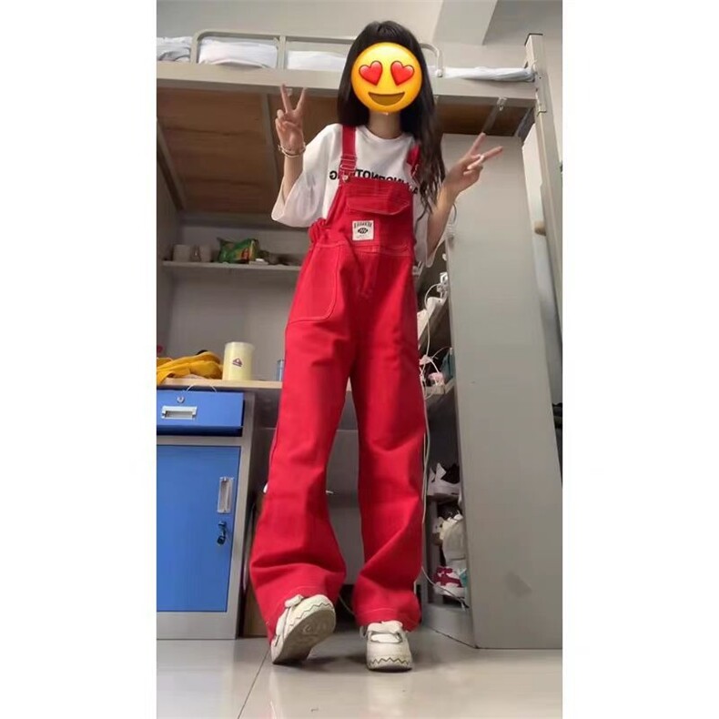美式复古红色牛仔背带裤女夏季小个子设计感宽松直筒显瘦阔腿长裤,男装休闲裤,星座506A