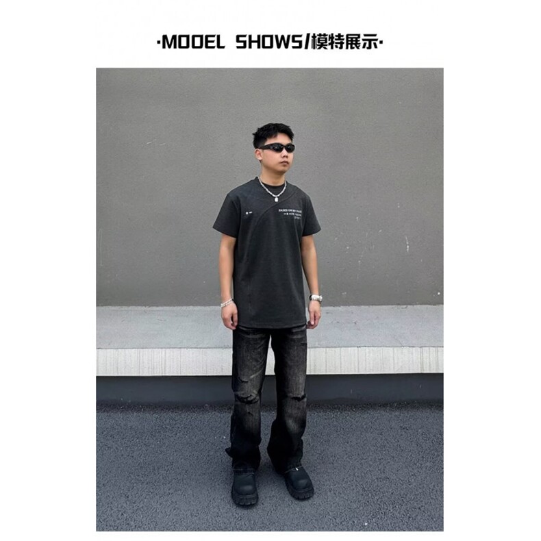 黑色个性剪裁破洞牛仔裤男款复古潮流猫须宽松直筒堆积感休闲长裤图片