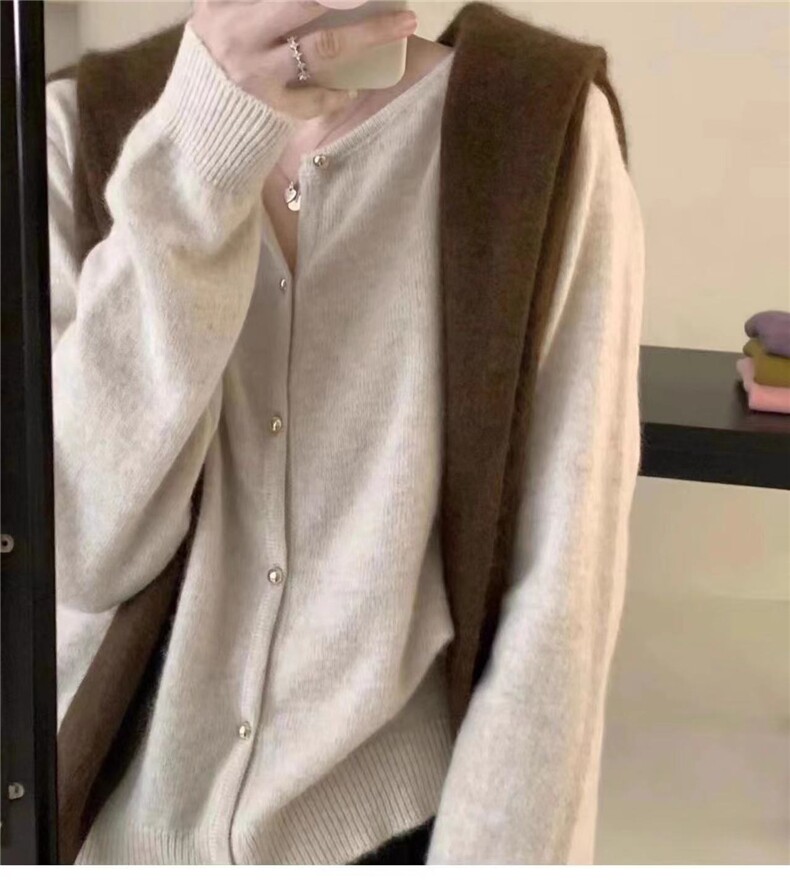 秋冬圆领长袖纯色开衫女宽松百搭休闲针织毛衣外套上衣,针织衫/毛衣,半城羊绒
