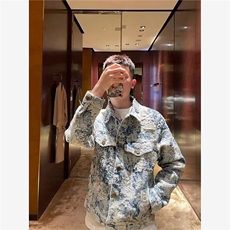 春秋破坏老花刺绣牛仔衣潮流男女情侣青花瓷花卉提花长袖外套，男装夹克，星座506A