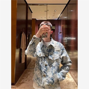 春秋破坏老花刺绣牛仔衣潮流男女情侣青花瓷花卉提花长袖外套图片