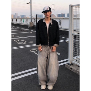 JK8569-P76 美式复古格纹工装夹克男女秋季cleanfit百搭宽松立领图片