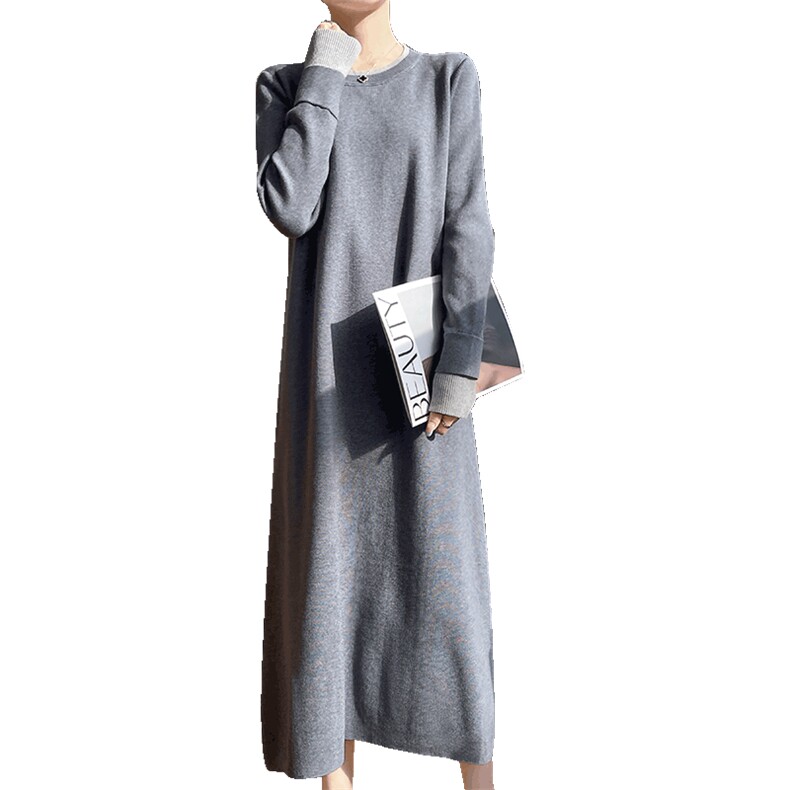 休闲撞色圆领长袖针织连衣裙女内搭毛衣裙女2024冬季宽松打底裙子,女装连衣裙,圣丽羊绒